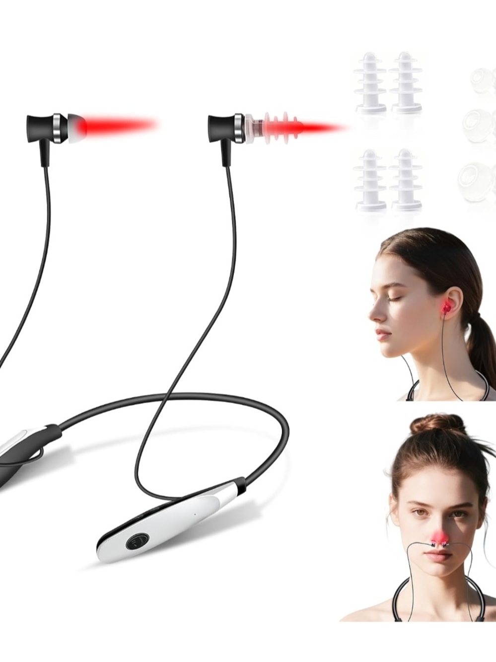 Wireless Black and White Neckband Earbuds with Red Noise-Masking Tips